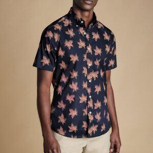 Charles Tyrwhitt | Non-Iron Stretch Short Sleeve | Large | Slim | Floral Navy